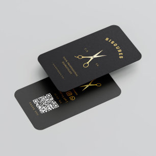 Carte De Visite Ciseaux Or Coiffure minimaliste Qr Code Busin