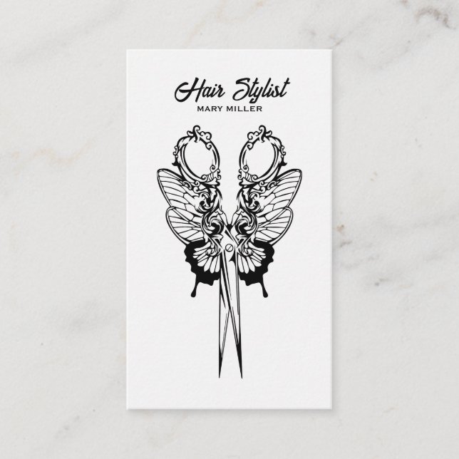 Carte De Visite Ciseaux papillon gothiques verticaux pour coiffeur (Devant)