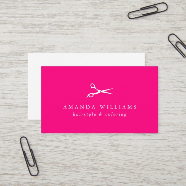 Carte De Visite Ciseaux rose chaud vibrant Coiffeur  (Devant/Arrière en situation)