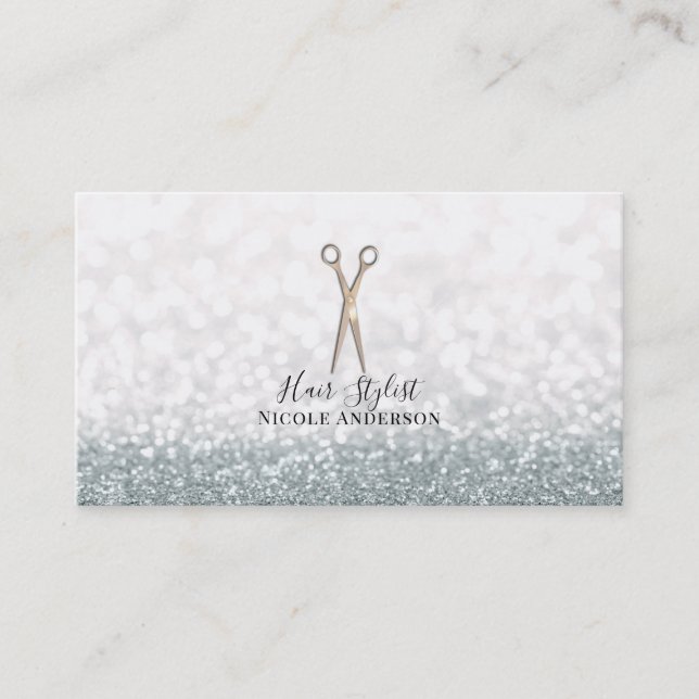 Carte De Visite Ciseaux Rose Gold Coiffeur Pailleté Blanc (Devant)