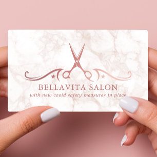 Carte De Visite Ciseaux Rose Gold Marble Salon Sécurité Covid