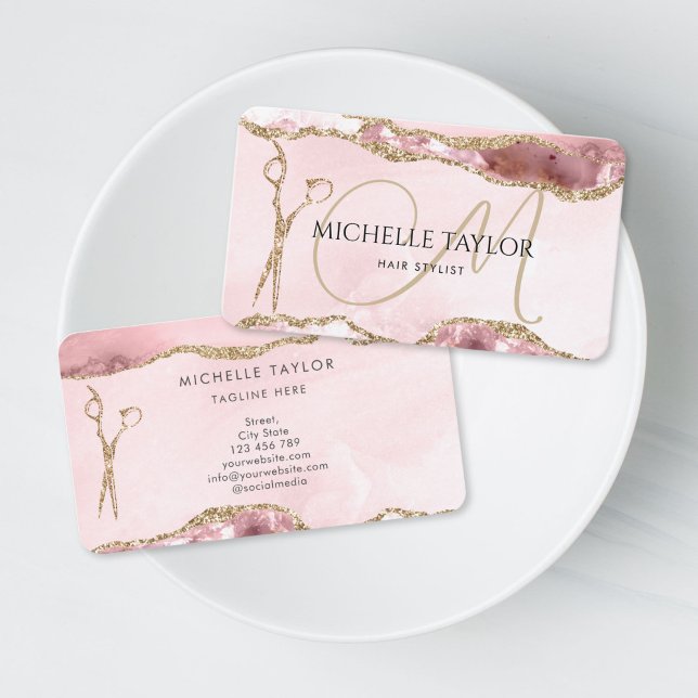 Carte De Visite Ciseaux Rose Gold Moderne Coiffeuse Monogramme (Modern Pink Gold Scissors Hair Stylist Monogram Business Card)