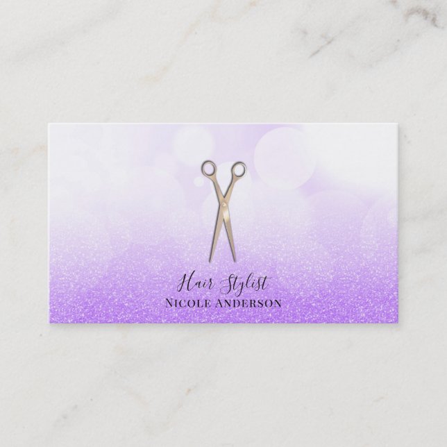 Carte De Visite Ciseaux Rose Gold Paillettes Violettes Coiffeur (Devant)