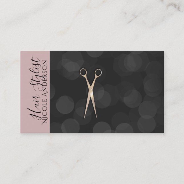 Carte De Visite Ciseaux Rose Gold Rose Noir Coiffeur (Devant)