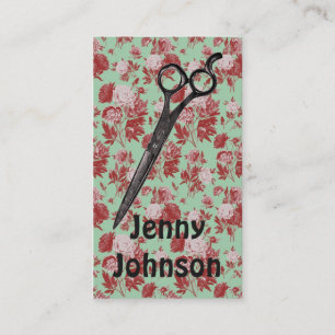 Carte De Visite ciseaux rouge-rose en bon état floraux de coiffeu