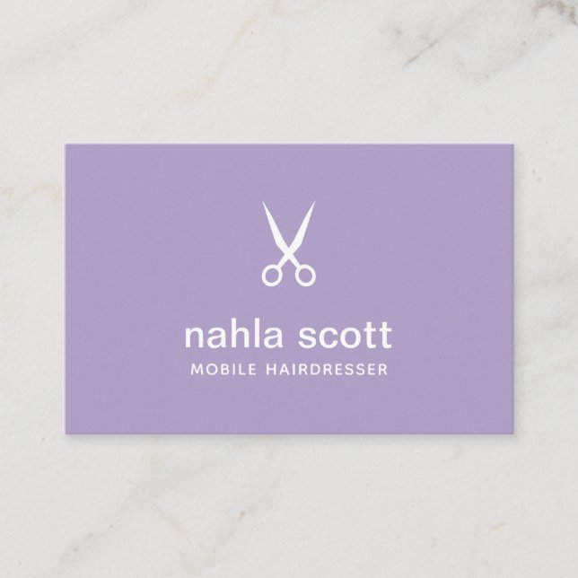 Carte De Visite Ciseaux violets pour coiffeur mobile Royaume-Uni/E (Devant)