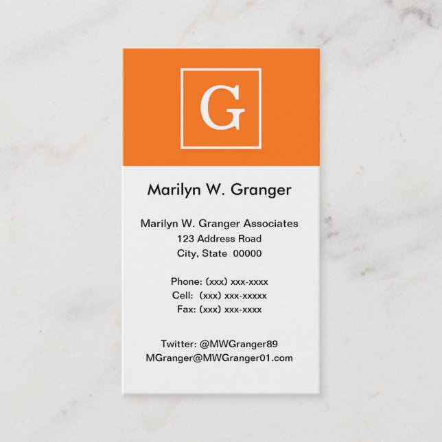 Carte De Visite Citrouille Orange Blanc encadré Monogramme initial (Devant)