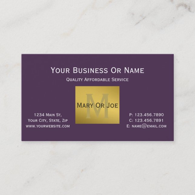 Carte De Visite Clair Acai Violet Pourpre Blanc Texte Or Monogramm (Devant)