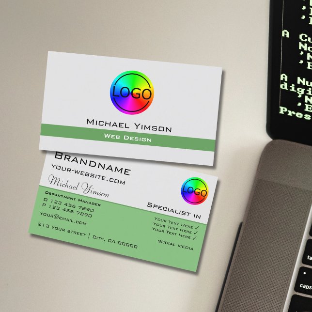 Carte De Visite Clair gris et vert chic avec logo professionnel (Créateur téléchargé)