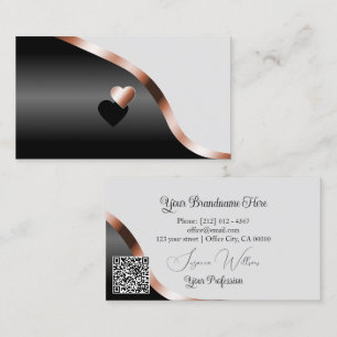 Carte De Visite Clair gris noir Wavy Rose Gold Hearts et QR Code