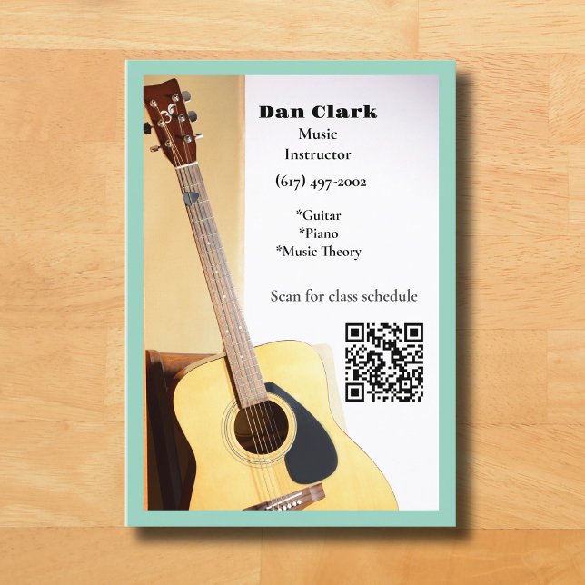 Carte De Visite Clair Turquoise QR Code Music Enseignant Guitare a (Light Teal Music Teacher Guitar Business Card )