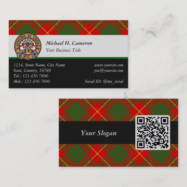 Carte De Visite Clan Cameron Crest sur Tartan (Devant / Derrière)