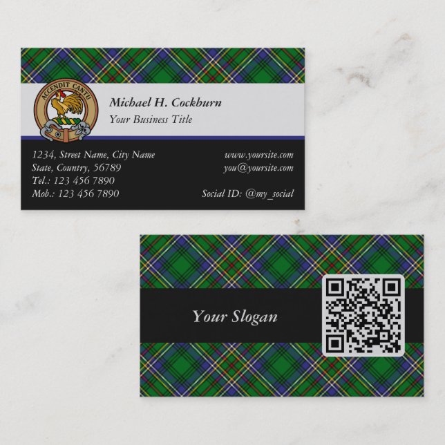 Carte De Visite Clan Cockburn Crest sur Tartan (Devant / Derrière)