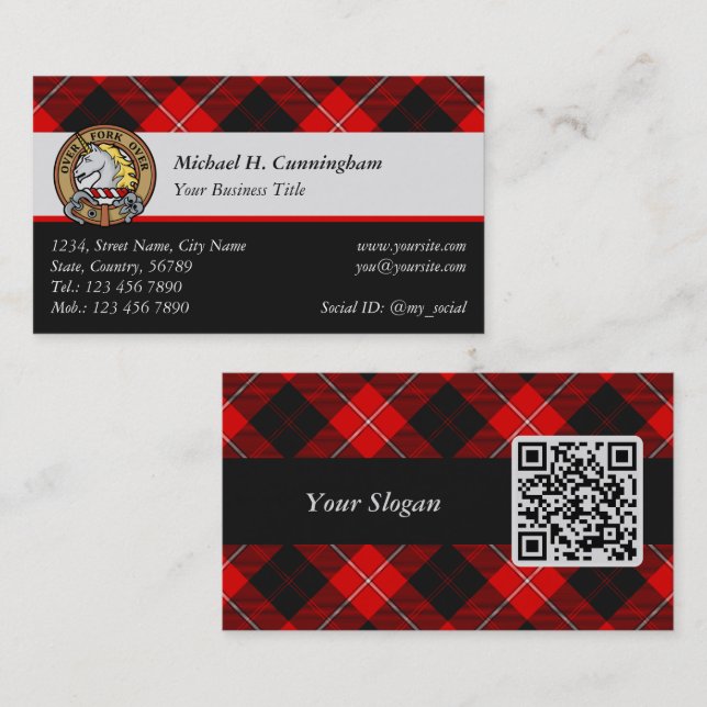 Carte De Visite Clan Cunningham Crest sur Tartan (Devant / Derrière)