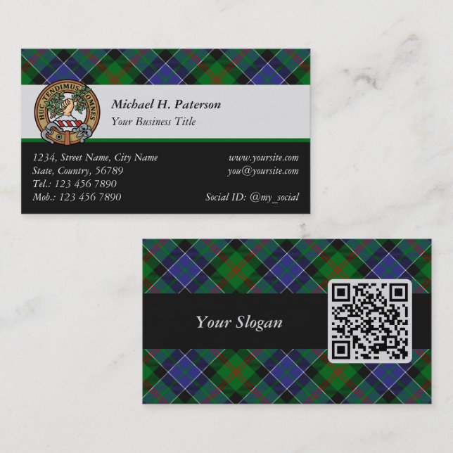 Carte De Visite Clan Paterson Crest sur Tartan (Devant / Derrière)