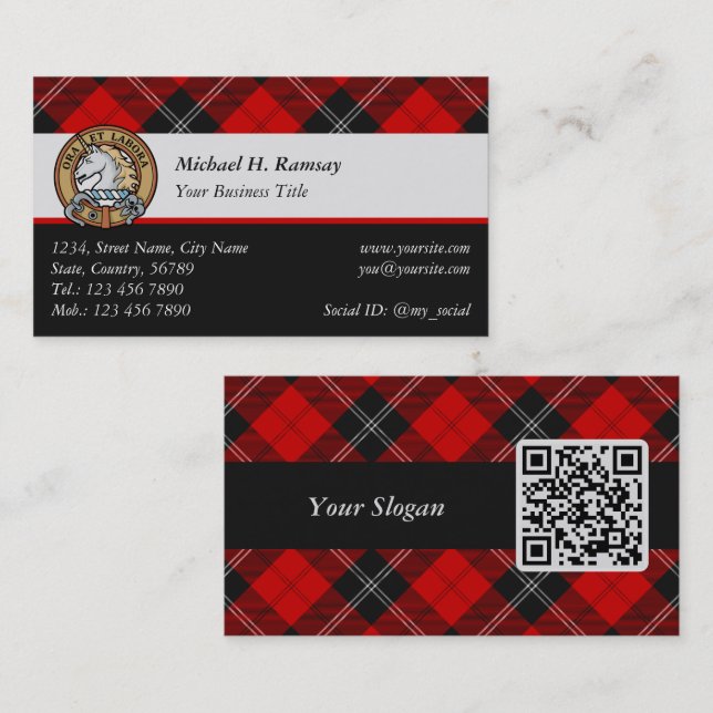 Carte De Visite Clan Ramsay Crest sur Red Tartan (Devant / Derrière)