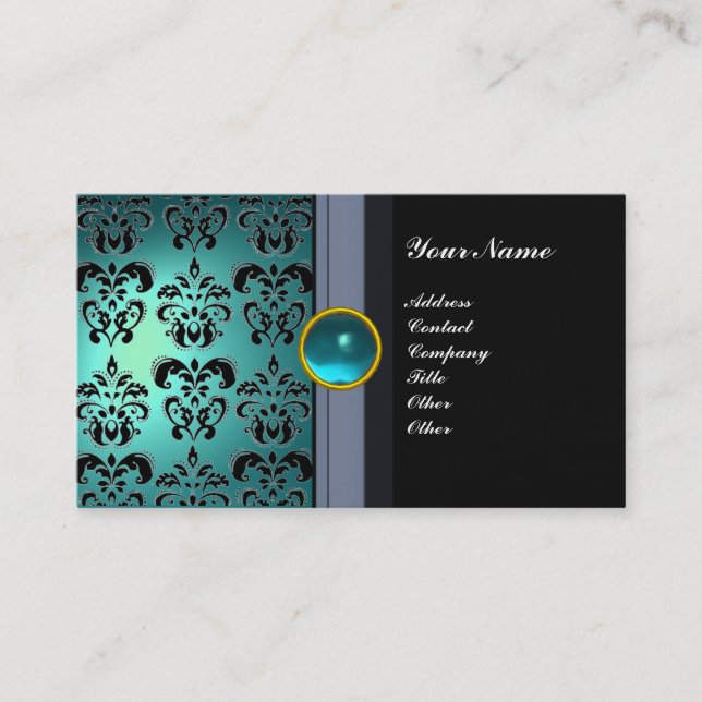 Carte De Visite CLASSE DAMASK GEM MONOGRAM noir bleu aquamarine (Devant)