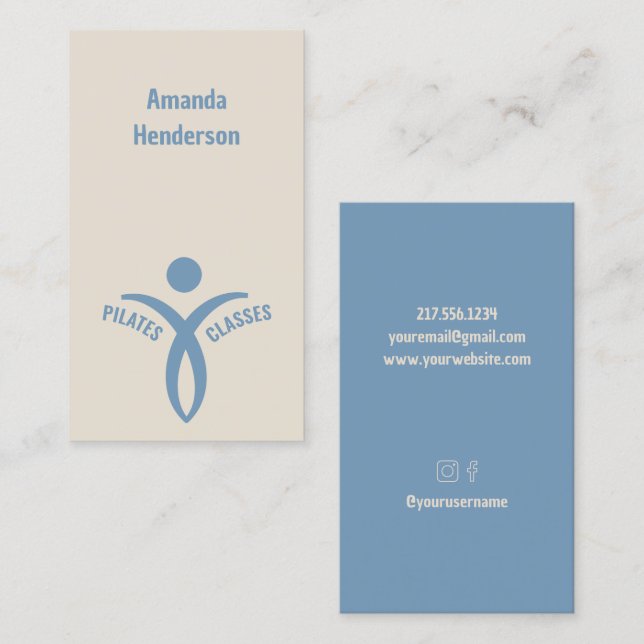 Carte De Visite Classes Pilates Logo Sky Blue simple (Devant / Derrière)