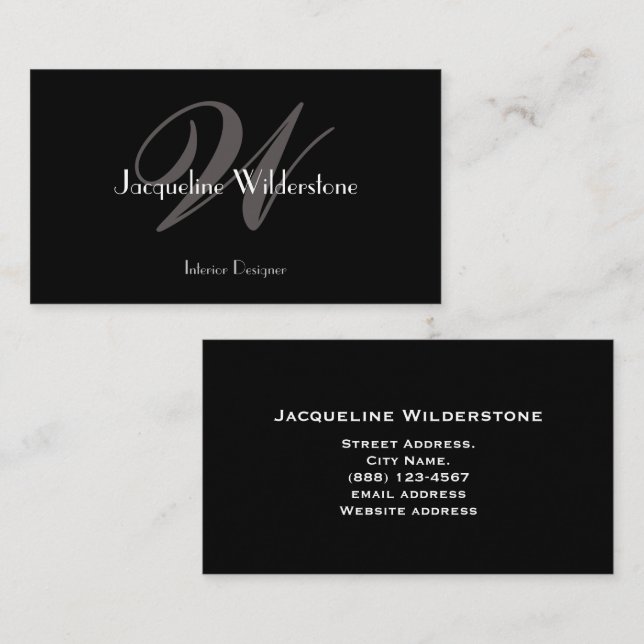 Carte De Visite Classic Elegant Monogramme & Nom Classy Black (Devant / Derrière)