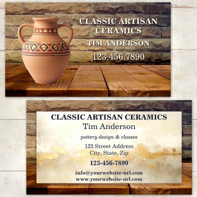 Carte de visite classique d'artisanat en céramique (Classic business card featuring a Roman urn on rustic wood - ceramic artist - pottery classes)