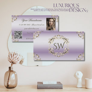 Carte De Visite Classy Lavender Gold Ornate Monogramme Photo QR Co