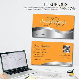 Carte De Visite Classy Orange Wavy Silver Decor Initiales QR Code