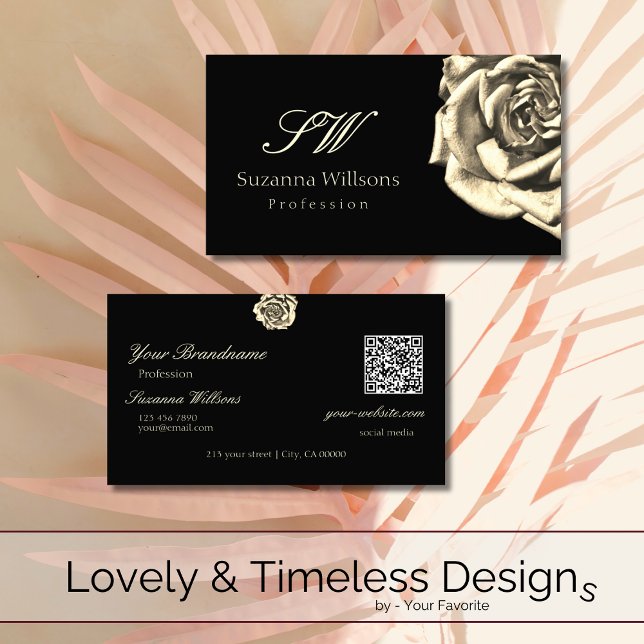 Carte De Visite Classy Plain Noir Beige Rose Initiales QR Code (Créateur téléchargé)