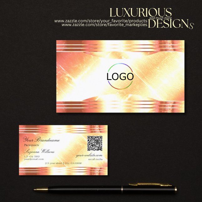 Carte De Visite Classy Shimmery Rose Gold Logo QR Code Luxueux (Créateur téléchargé)