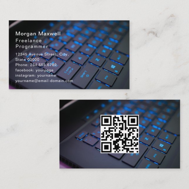 Carte De Visite Clavier Code QR Programmeur Informatique bleu  (Devant / Derrière)