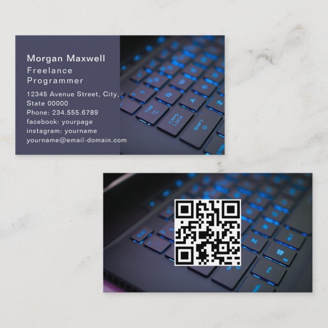 Carte De Visite Clavier Code QR programmeur informatique bleu  (Devant / Derrière)