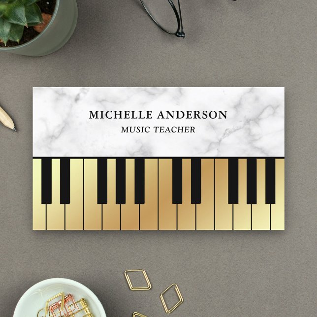 Carte De Visite Clavier de Piano en Marbre Blanc Or Professeur Pia (Créateur téléchargé)