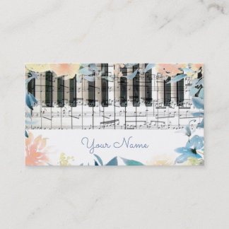 Carte De Visite clavier pianiste et bordure de fleurs aquarelles