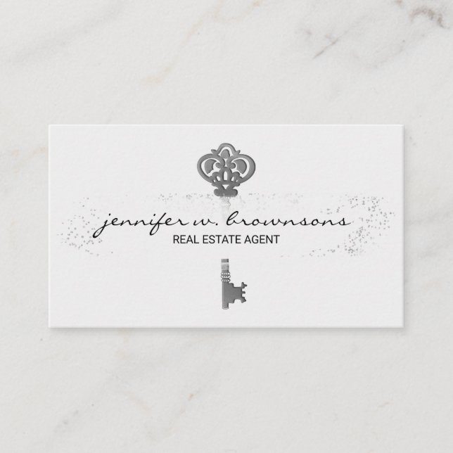 Carte De Visite Clé dorée rétro immobilier argent (Devant)
