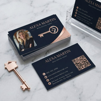 Carte De Visite Clé en or rose Photo QR Code Agent immobilier