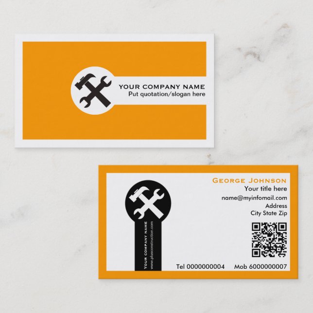Carte De Visite Clé et marteau bricoleur construction orange (Devant / Derrière)