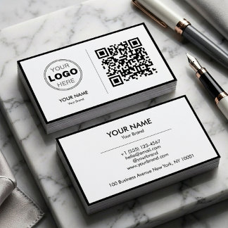 Carte De Visite Clean Black White Minimalist QR Code Logo
