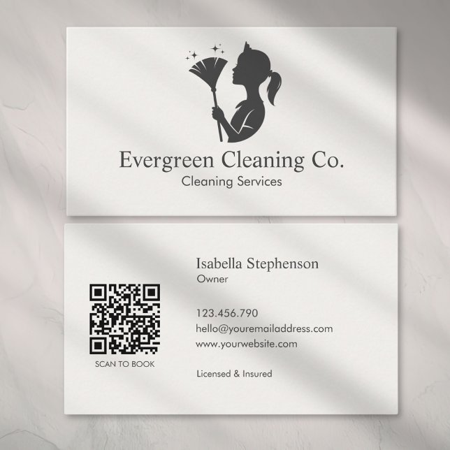 Carte De Visite Cleaner House Cleaning Service QR Code Minimal (Créateur téléchargé)