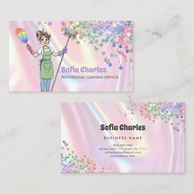 Carte De Visite Cleaning Lady Maid Holographic Glitter Pink (Devant / Derrière)