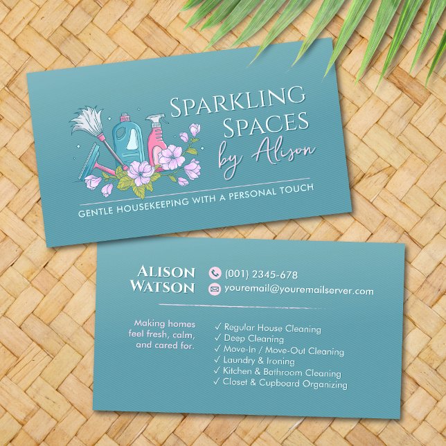 Carte De Visite Cleaning Services - Elegant Floral Teal and Pink (Créateur téléchargé)