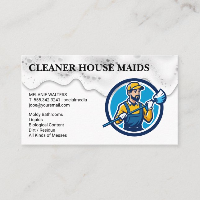 Carte De Visite Cleaning Services | Janitor Holding Mop (Devant)