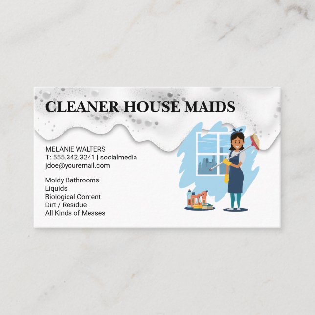 Carte De Visite Cleaning Services | Maid with Broom (Devant)