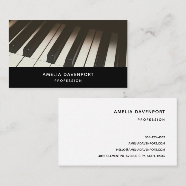 Carte De Visite Clés de piano noir et blanc élégant Photographie (Devant / Derrière)