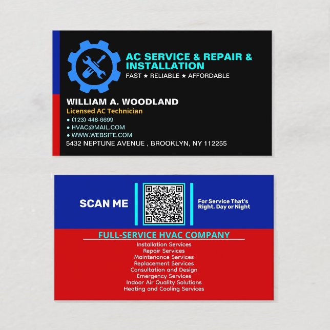 Carte De Visite Climatisation (Services de réparation et d'install (AC maintenance professional cards, heating and cooling contractor qr code logo slogan )