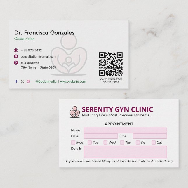 Carte De Visite Clinique de gynécologie Affaires | Rendez-vous mod (Devant / Derrière)