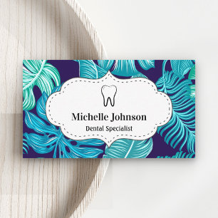 Carte De Visite Clinique dentaire Blue Tropical Leaves Tooth Denti