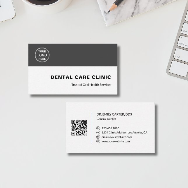 Carte De Visite Clinique dentaire Dentiste Logo personnalisé Code  (Dental Clinic Dentist Custom Logo QR Code Gray Business Card)