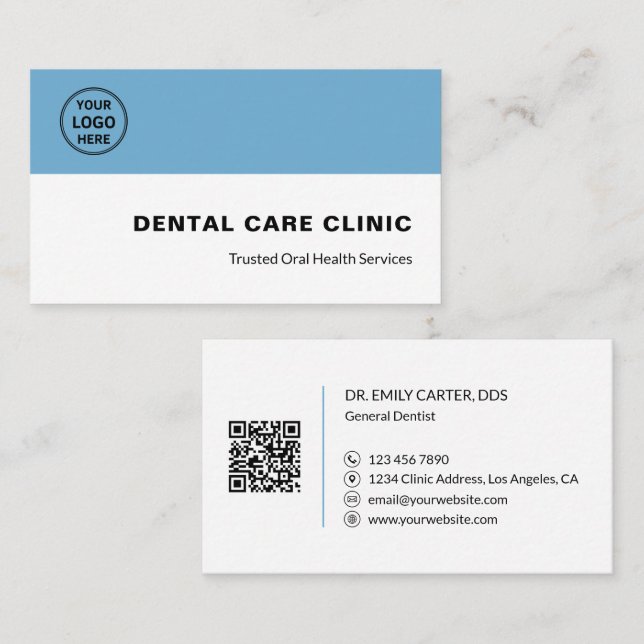 Carte De Visite Clinique Dentaire Logo de Dentiste Code QR Bleu Bl (Devant / Derrière)