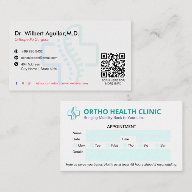 Carte De Visite Clinique orthopédique | Rendez-vous propre (Devant / Derrière)