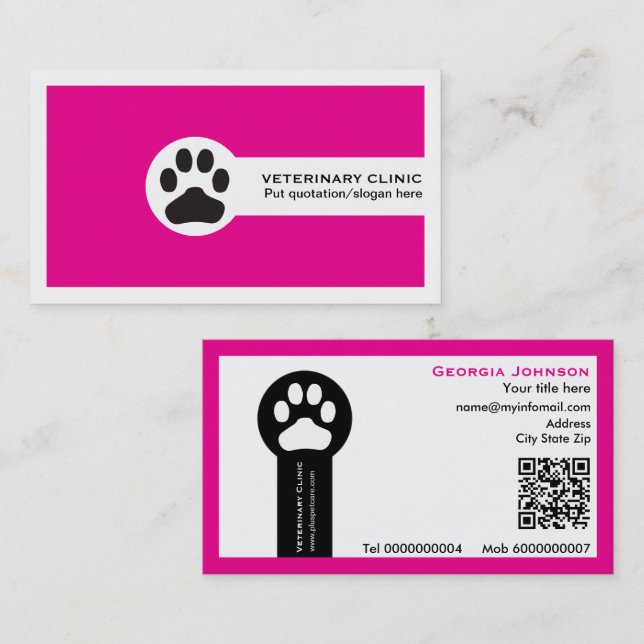 Carte De Visite Clinique vétérinaire code QR et patte rose chaud (Devant / Derrière)