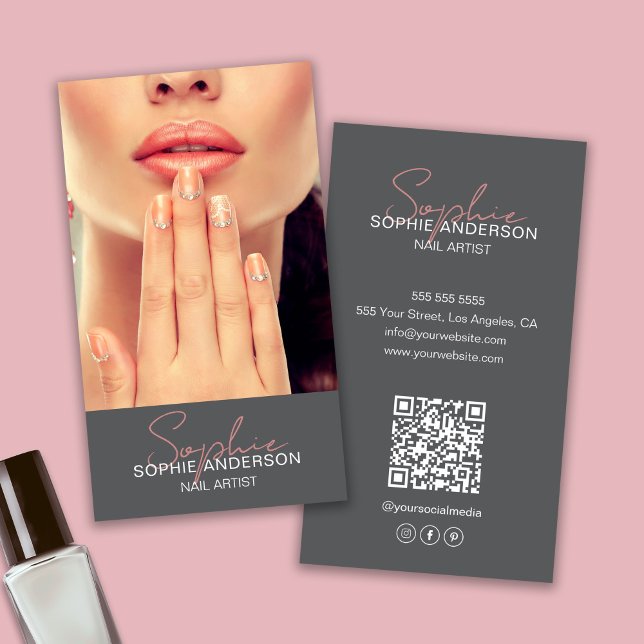 Carte De Visite Clou Artiste Script Moderne Signature Gris (Nail Artist Modern Script Signature Gray Business Card)